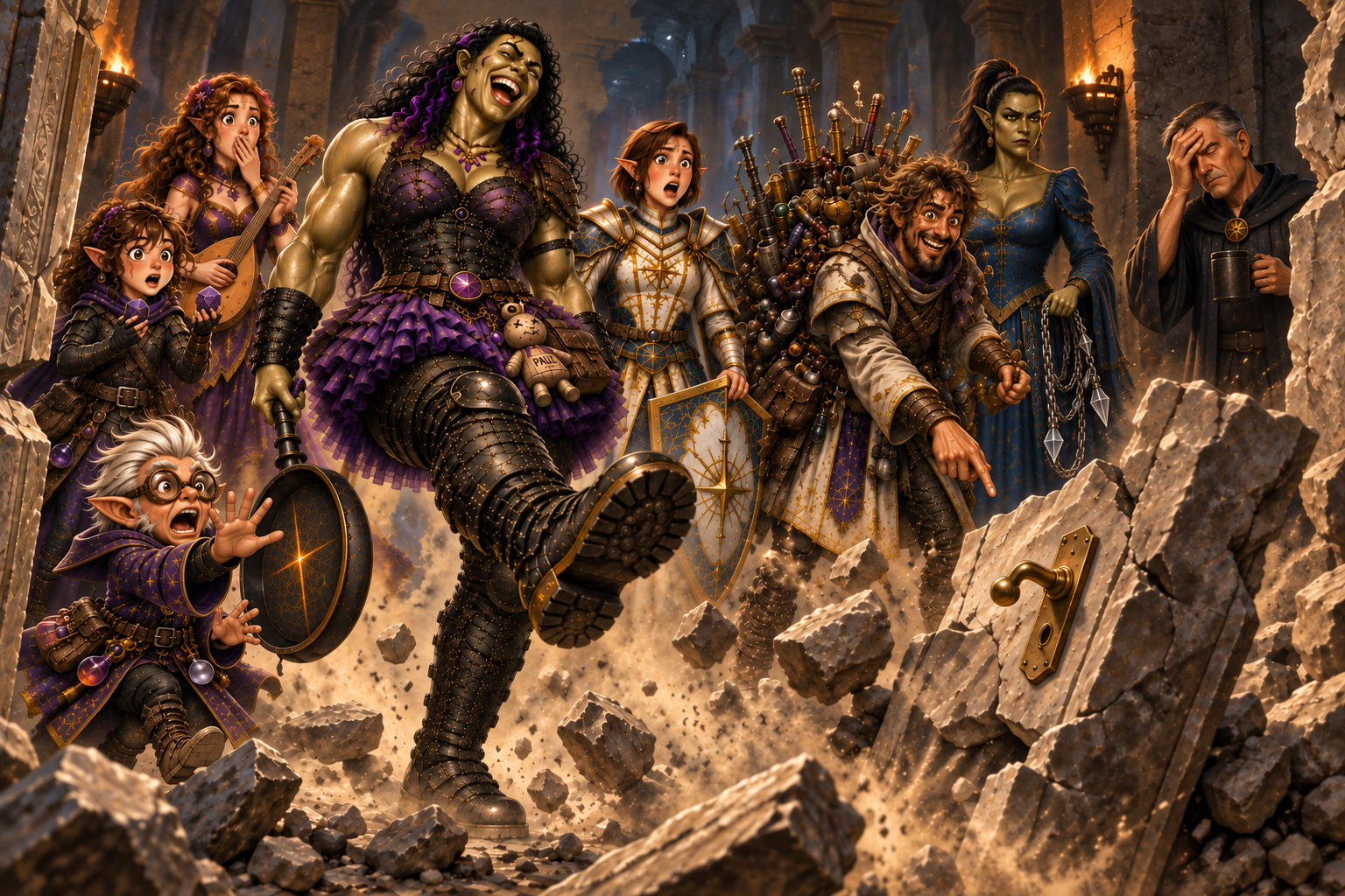 Jo Mama kicks through the ancient stone door as the party reacts amid flying rubble.