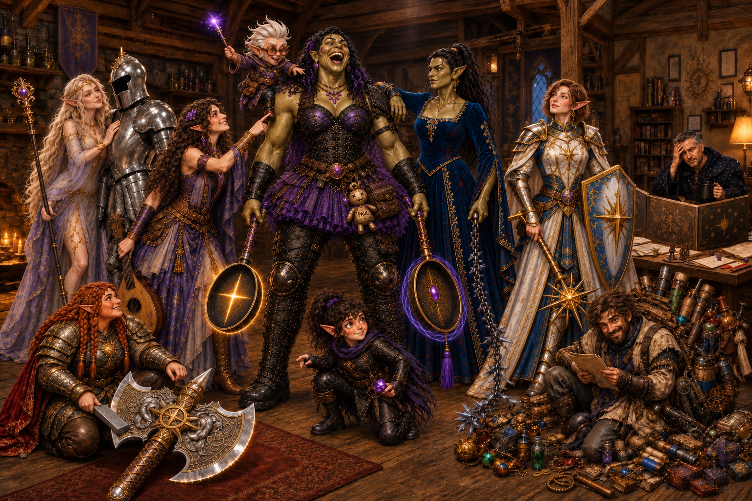 The Questionable Heroism adventuring party in a fantasy tavern
